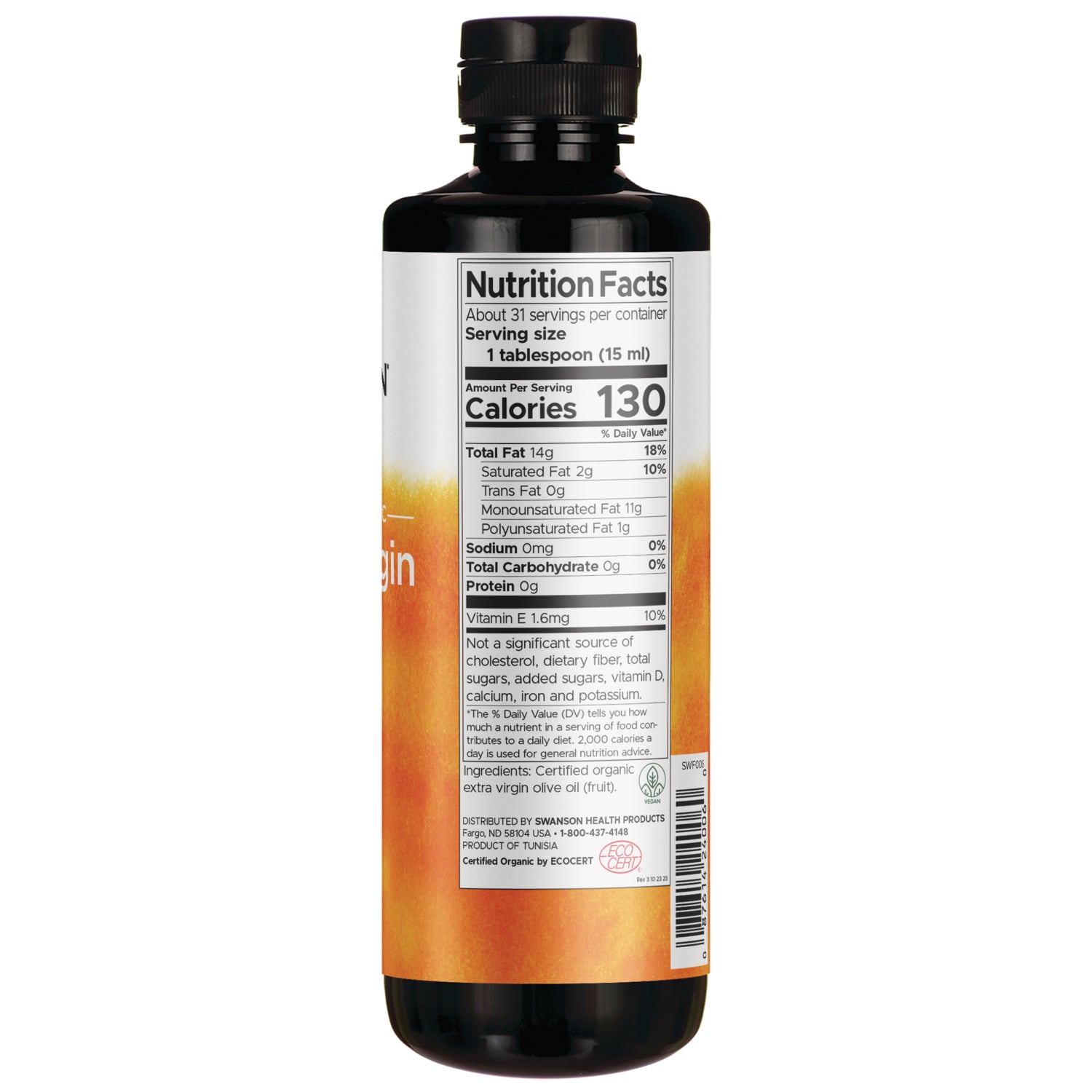 SWF006 | Back label with Nutrition Facts for organic extra virgin olive oil, 1 tbsp serving, 130 calories