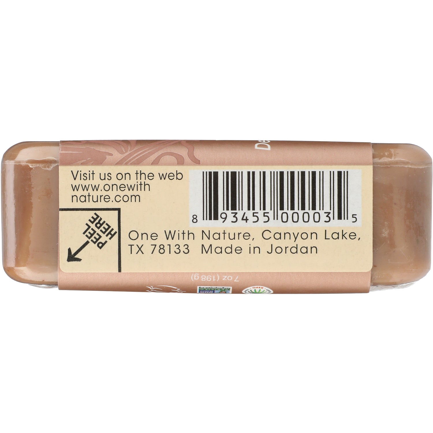 OWN004 | Back label with barcode and text One With Nature, Canyon Lake TX 78133 Made in Jordan