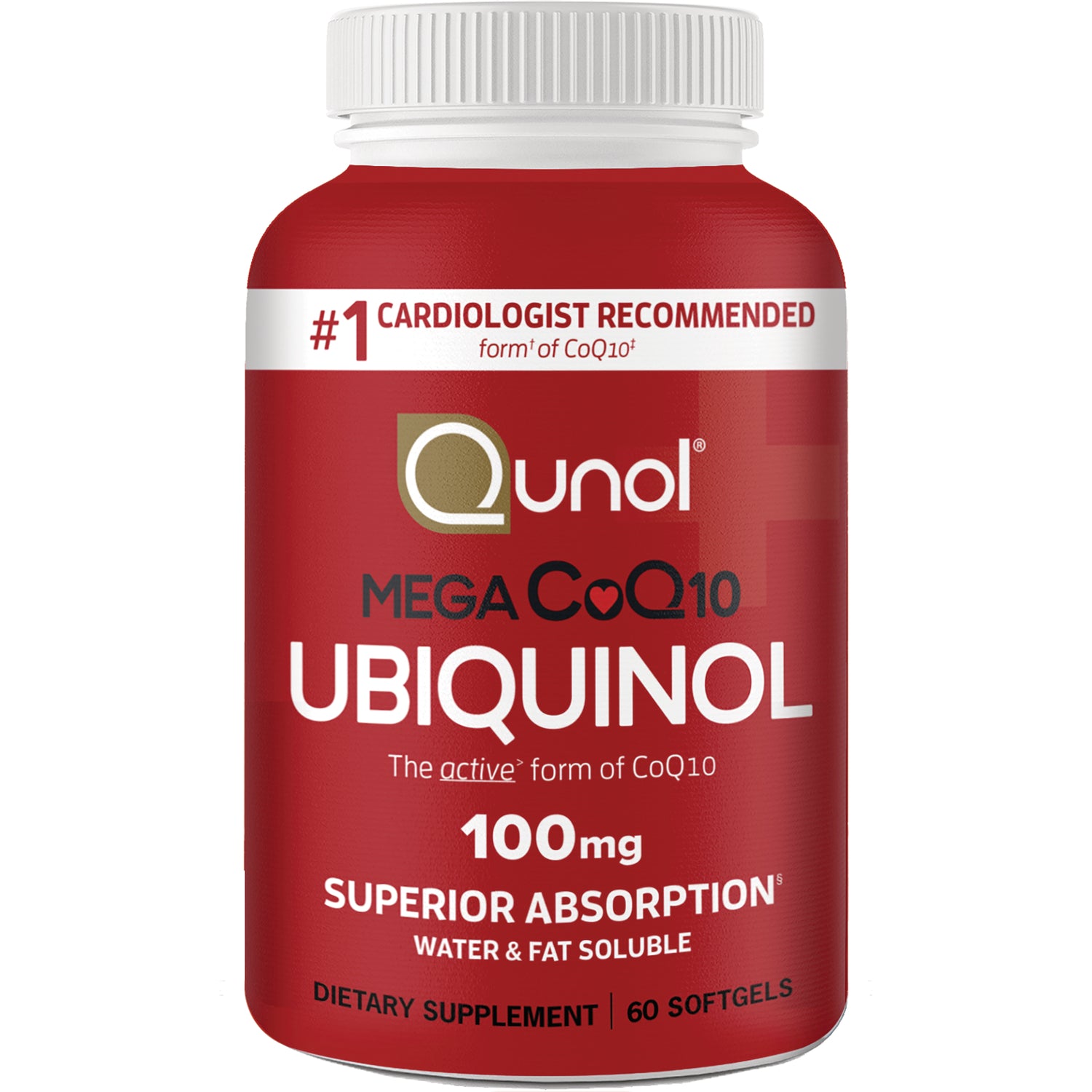 QNL003 | Qunol Ubiquinol 100 mg red supplement bottle, 60 softgels, superior absorption