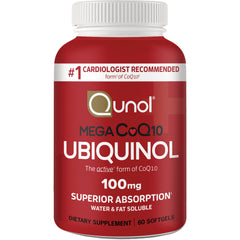 QNL003 | Qunol Ubiquinol 100 mg red supplement bottle, 60 softgels, superior absorption