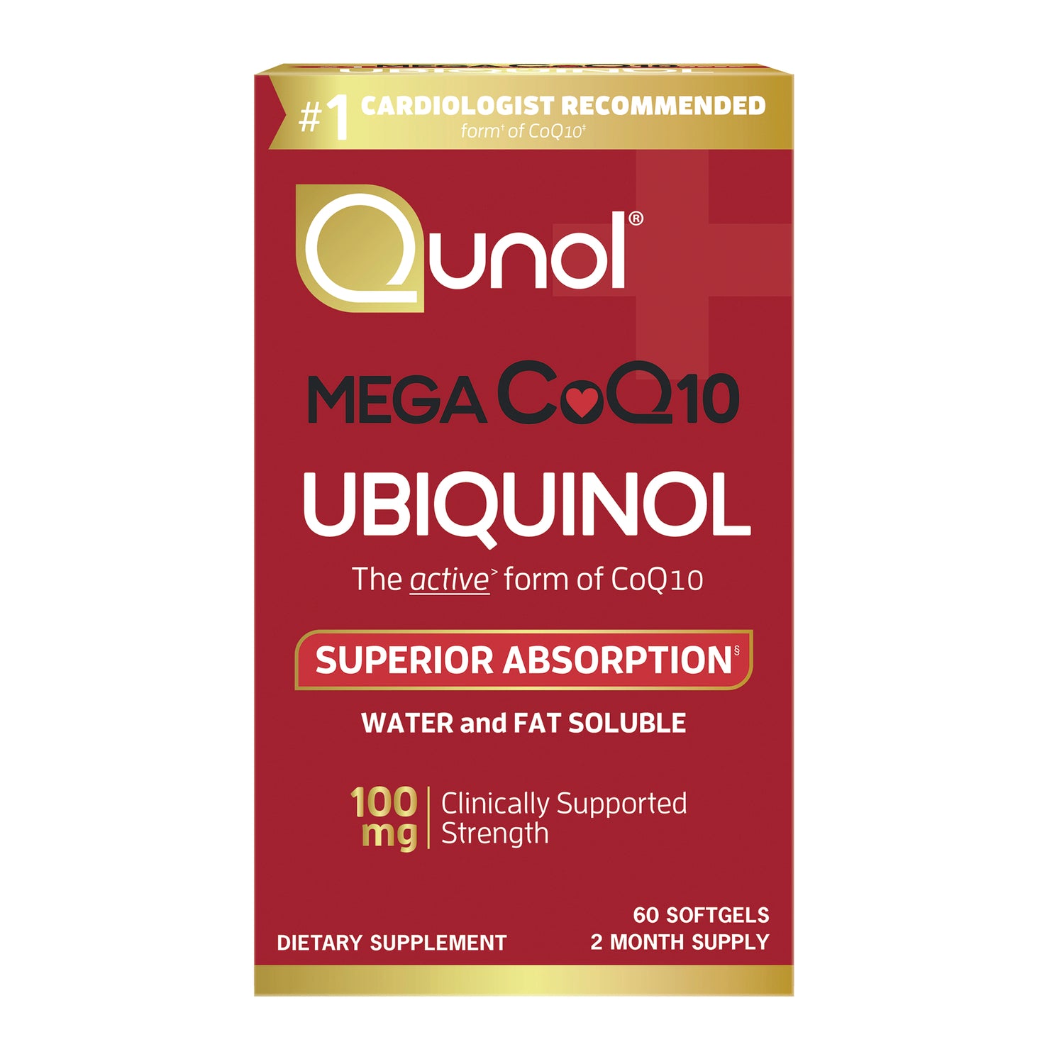 QNL003 | Qunol Ubiquinol 100 mg red supplement box, 60 softgels, superior absorption