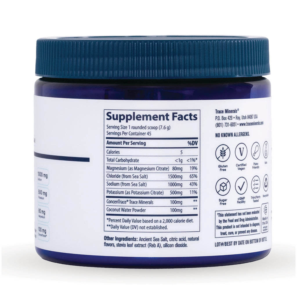 TM168 | Back label with Supplement Facts panel and certification icons on blue Trace Minerals powder jar - Thumbnail