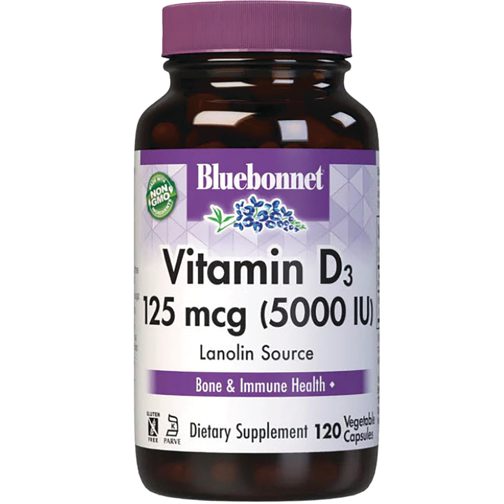 BLU128 | Bluebonnet Vitamin D3 125 mcg (5000 IU) dietary supplement bottle, 120 vegetable capsules - Thumbnail
