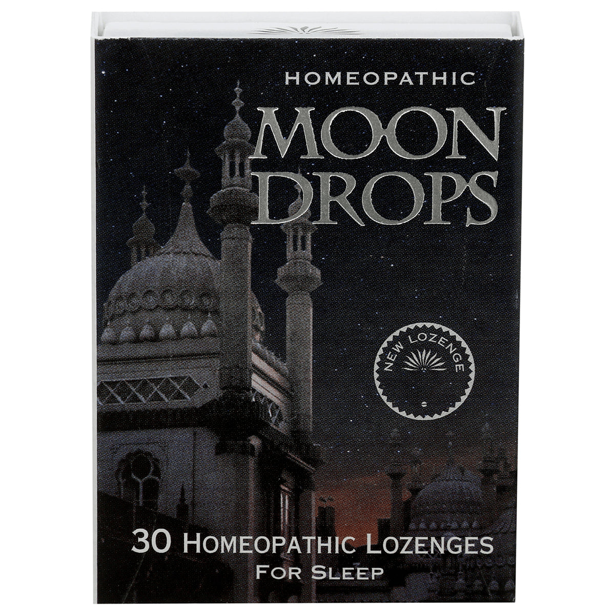 HLR003 | Moon Drops homeopathic lozenges box front with mosque illustration and 30 HOMEOPATHIC LOZENGES FOR SLEEP text