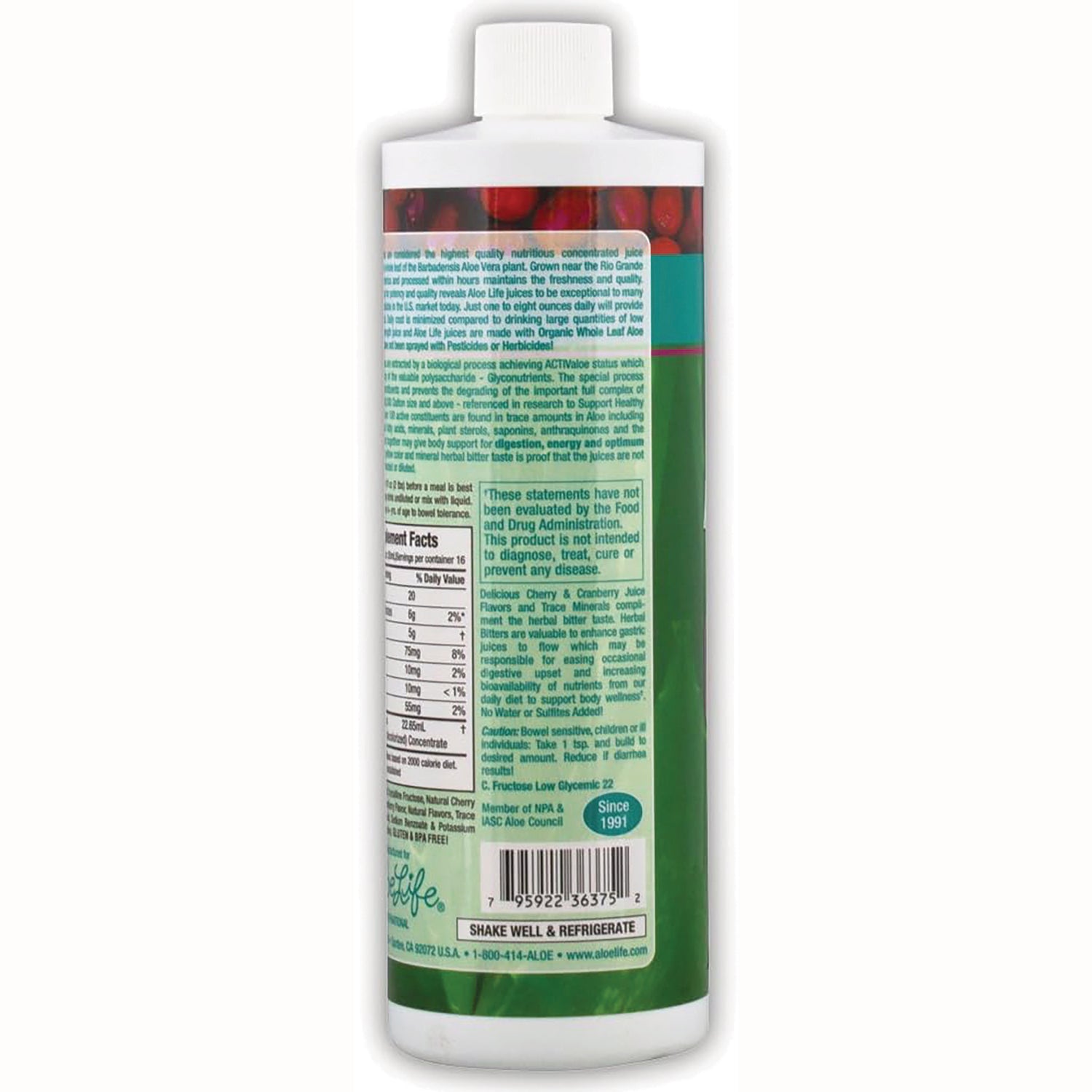 ALI002 | Back label of white bottle showing nutrition facts, barcode, and product warnings