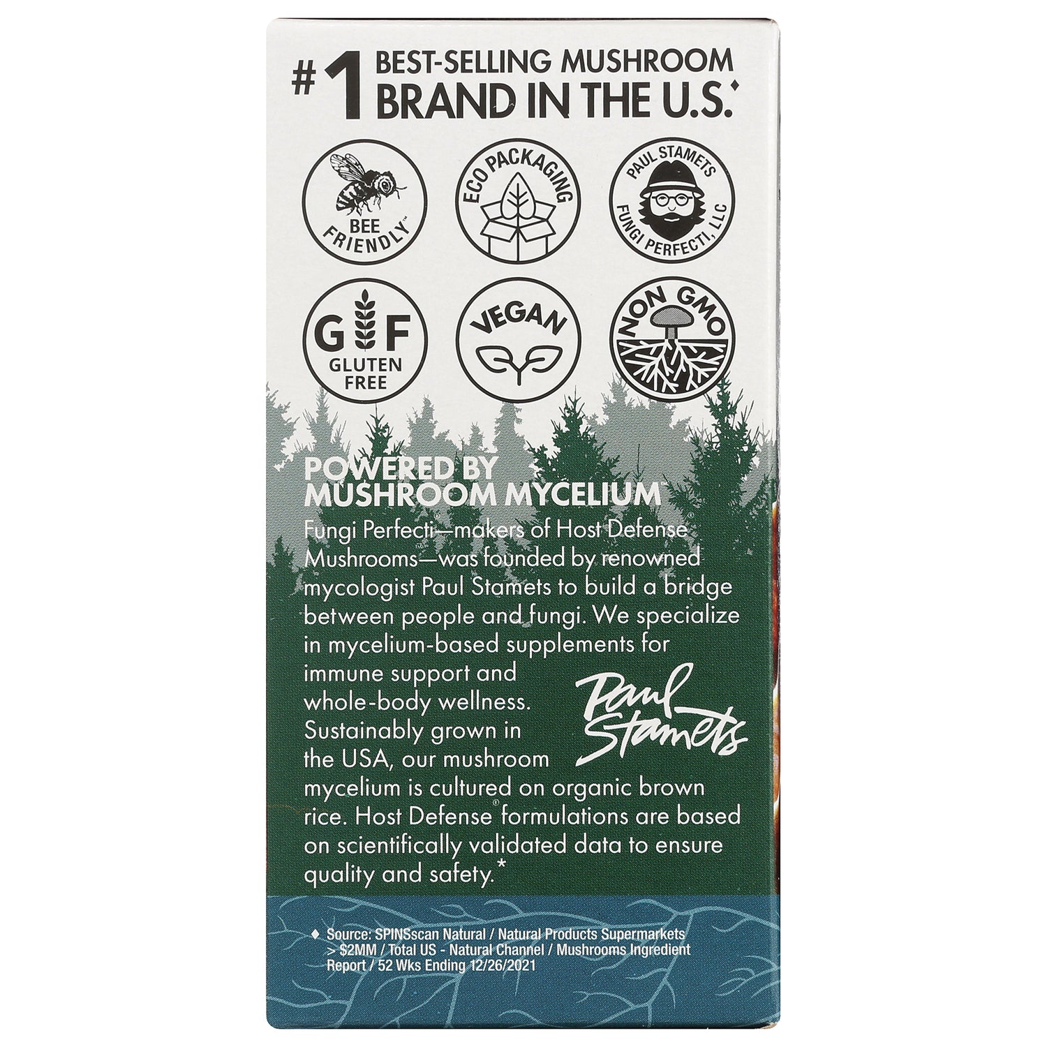 FUN009 | product infographic with badges (Bee Friendly, Eco Packaging, Gluten Free, Vegan, Non GMO) and text Powered by mushroom mycelium