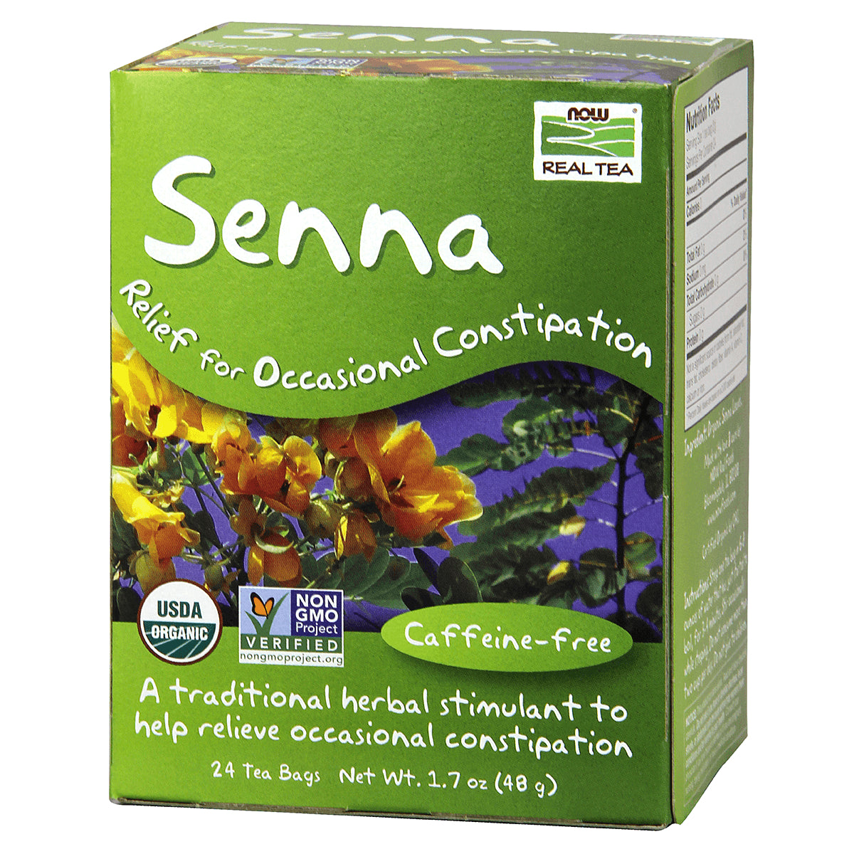 NWF1085 | Senna herbal tea green front box showing USDA Organic and Non-GMO badges and Caffeine-free label