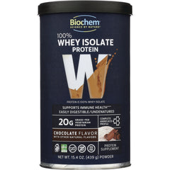 CRL366 | Biochem 100% Whey Isolate protein powder chocolate flavor front label 15.4 oz (439 g)