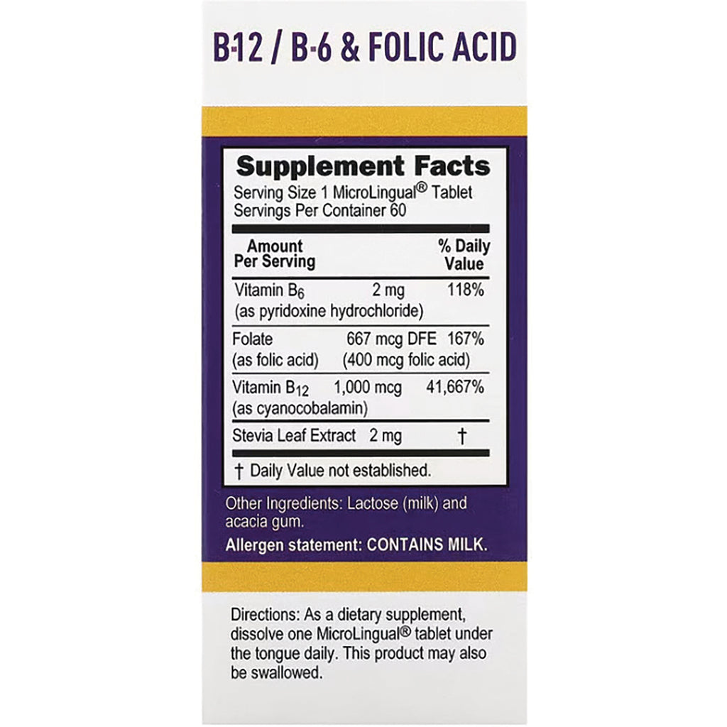 SUS026 | Back panel with Supplement Facts for B-12/B-6 & Folic Acid; directions and allergen statement: contains milk - Thumbnail
