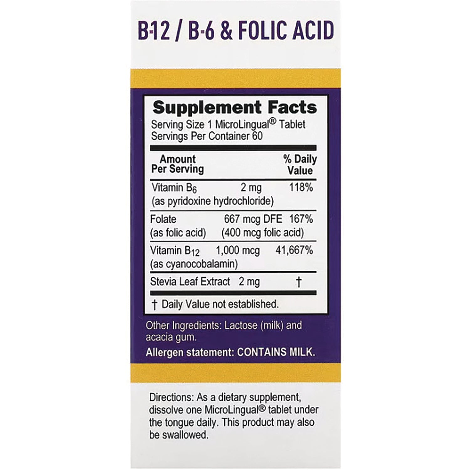 SUS026 | Back panel with Supplement Facts for B-12/B-6 & Folic Acid; directions and allergen statement: contains milk