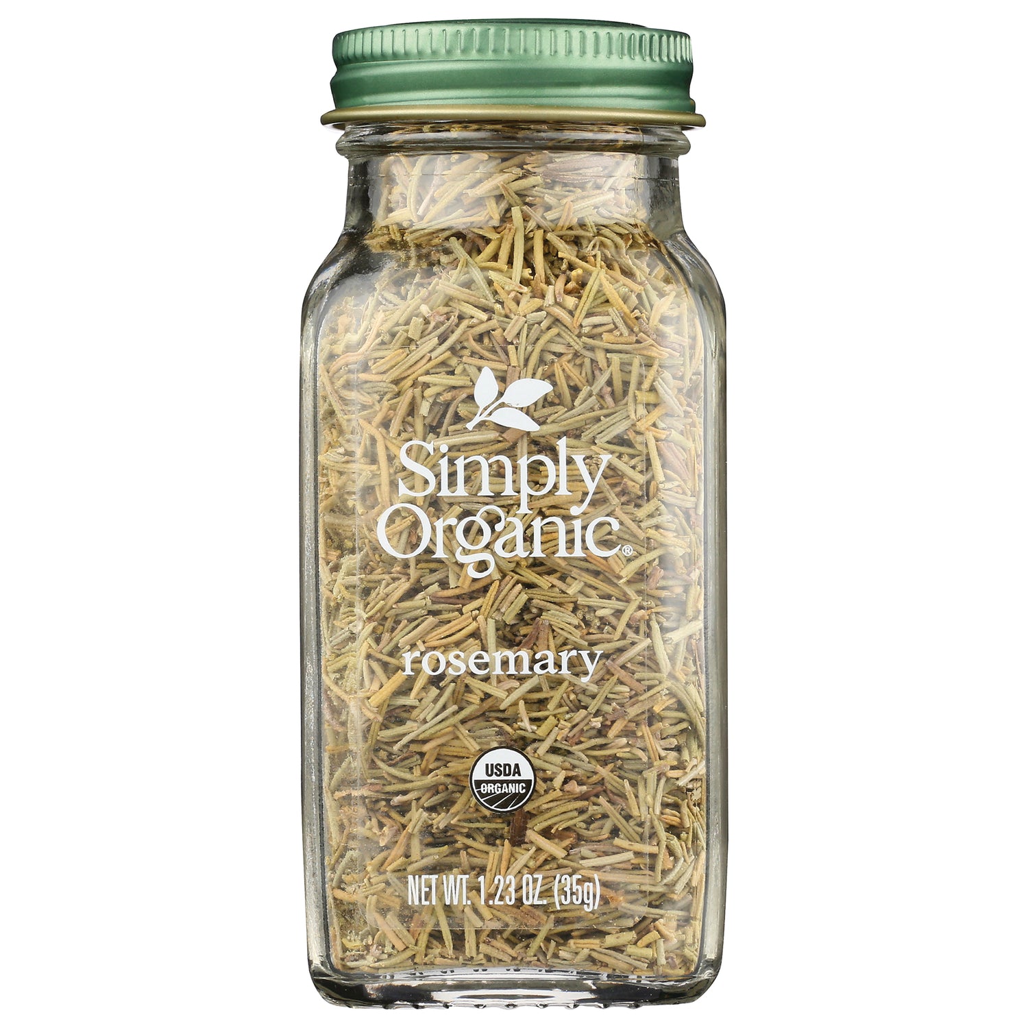 SMP032 | Simply Organic rosemary in glass spice jar with green lid and visible USDA Organic seal