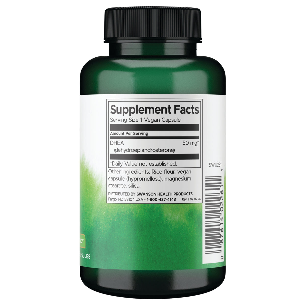 SWU261 | Back label with Supplement Facts for DHEA 50 mg, serving size 1 vegan capsule