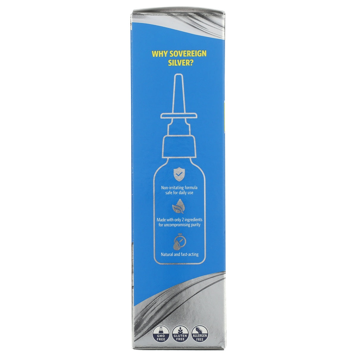 SSL005 | Sinus Relief box panel with safe, pure, effective claims; GMO Free, Vegan, Gluten Free, Allergen Free icons