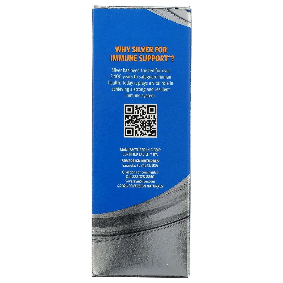 SSL001 | Blue box side titled Why Sovereign Silver? with dropper icon and text stating safe for daily use and 2 ingredients