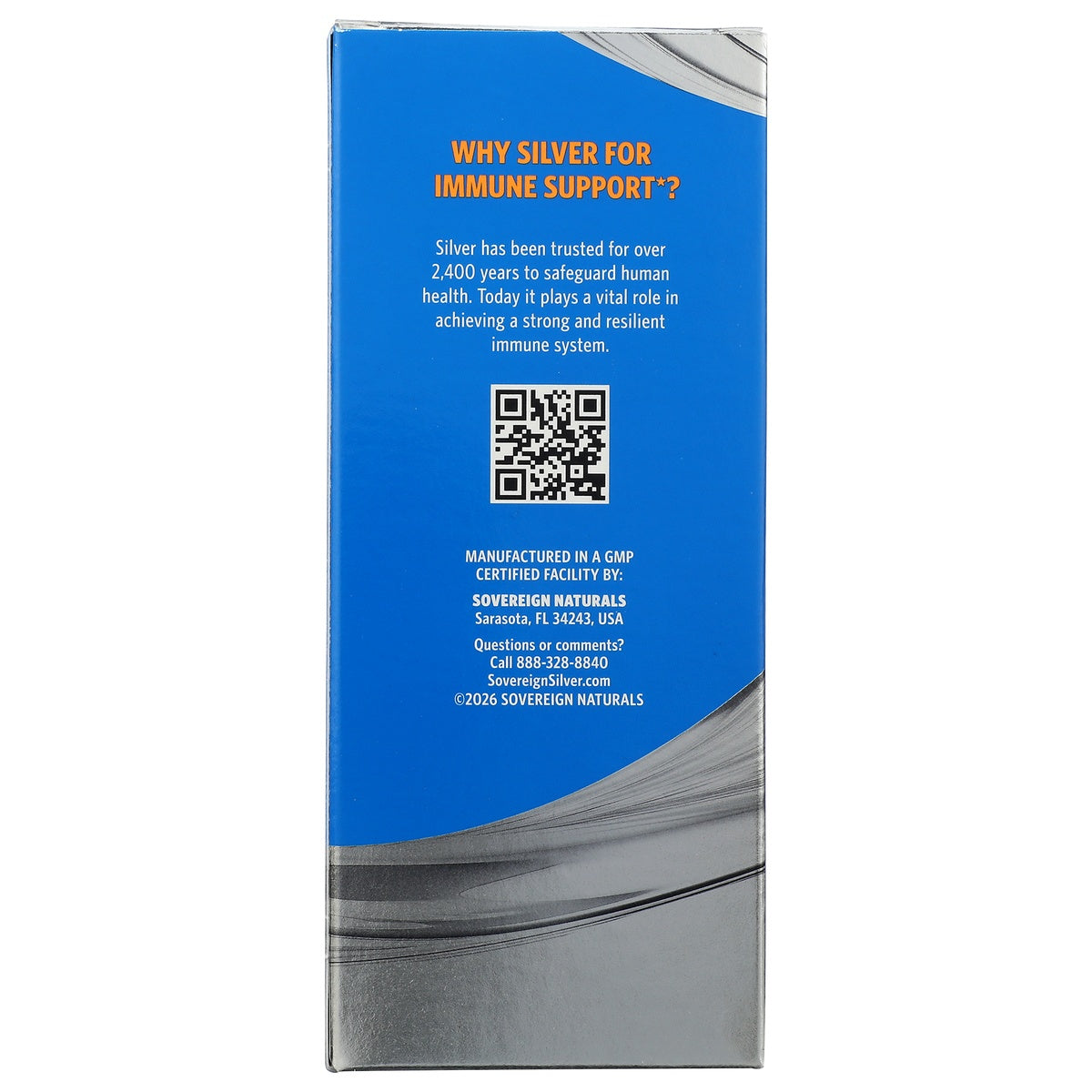 SSL008 | Blue panel titled Why Sovereign Silver? with bottle icon and text: safe for daily use, two ingredients, fast-acting