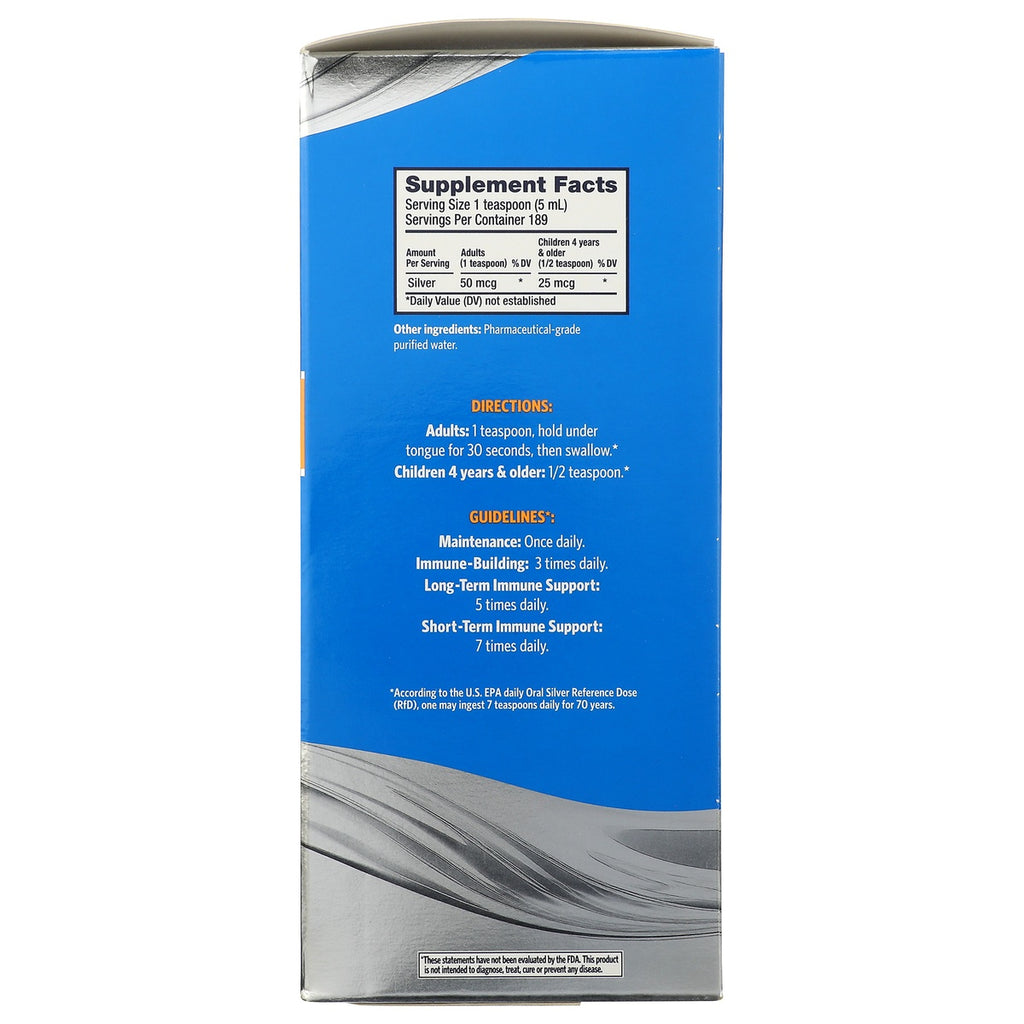 SSL010 | Back label with Supplement Facts for silver 50 mcg per tsp, directions, guidelines, and manufacturer info - Thumbnail