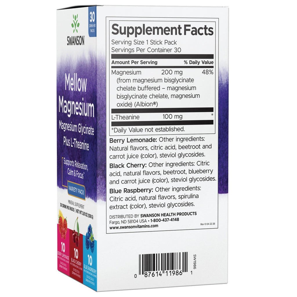 SW1986 | Back panel with Supplement Facts showing Magnesium 200 mg, L-Theanine 100 mg, ingredient list and barcode - Thumbnail