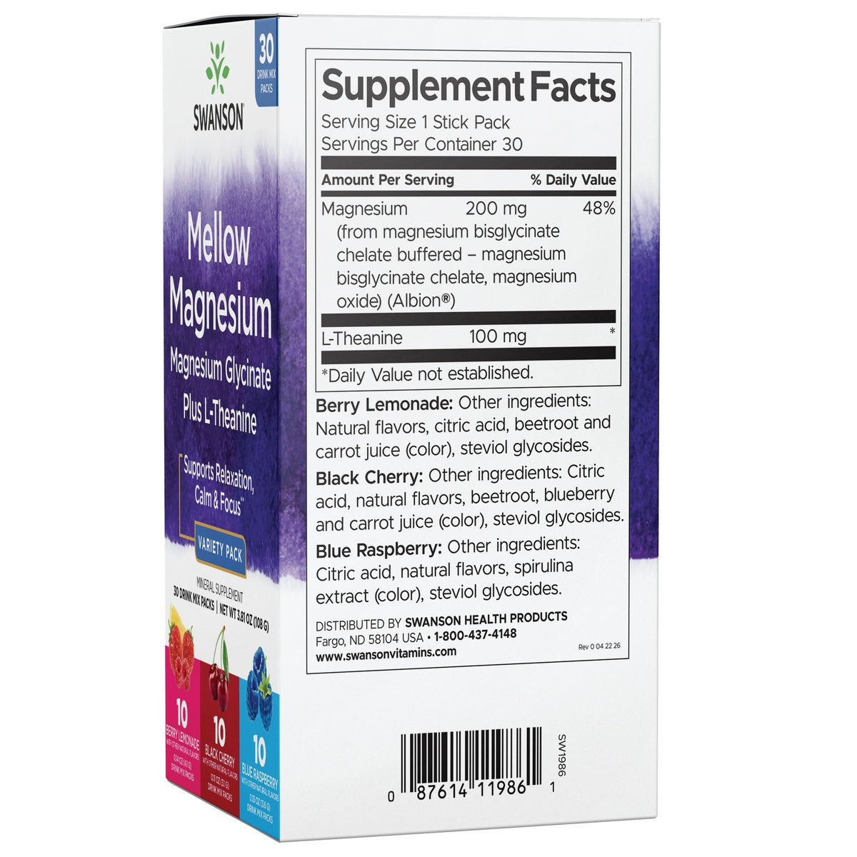 SW1986 | Back panel with Supplement Facts showing Magnesium 200 mg, L-Theanine 100 mg, ingredient list and barcode