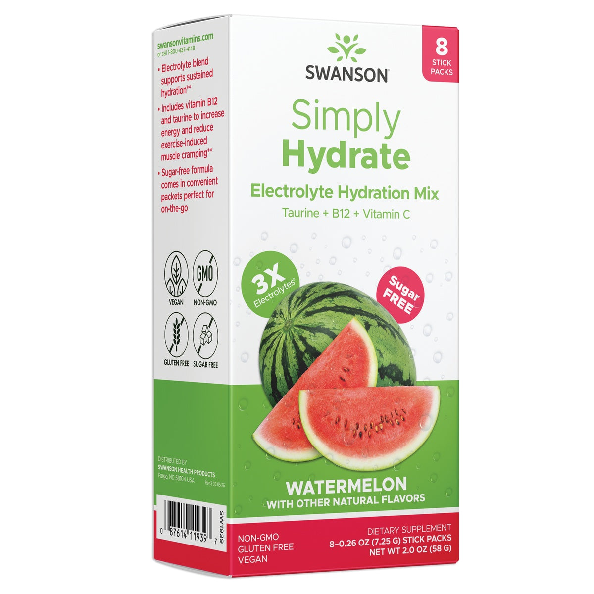 SW1939 | Swanson Simply Hydrate Electrolyte Hydration Mix, Watermelon, sugar free, 8 stick packs