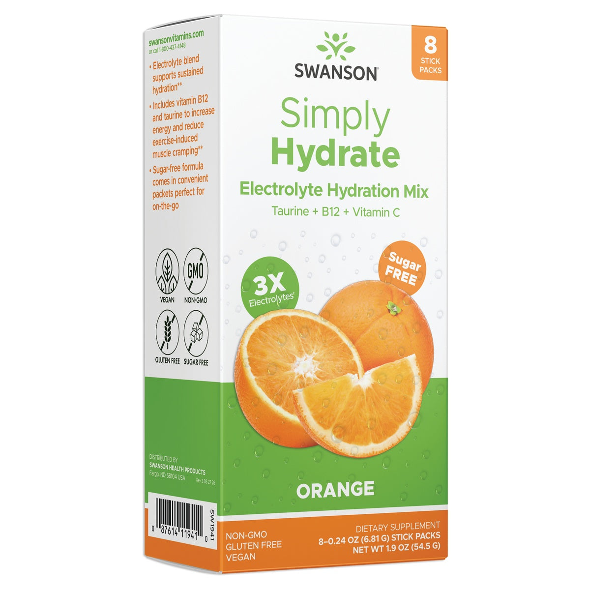 SW1941 | Swanson Simply Hydrate Electrolyte Hydration Mix, Orange flavor, 8 stick packs, sugar free, 3X electrolytes