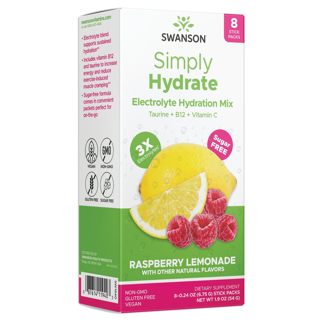 SW1940 | Swanson Simply Hydrate Electrolyte Hydration Mix, Raspberry Lemonade flavor, 8 stick packs, sugar free - Thumbnail