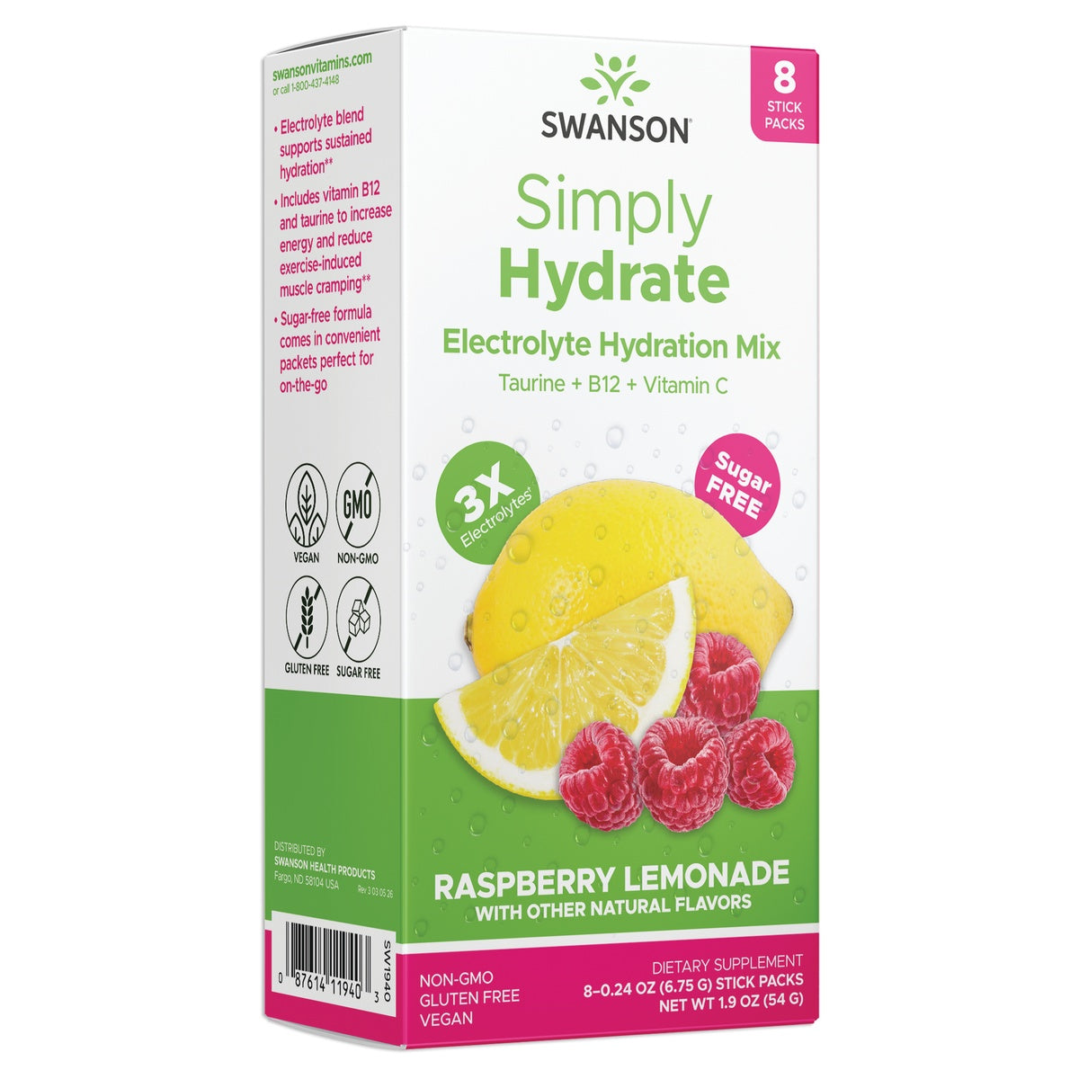 SW1940 | Swanson Simply Hydrate Electrolyte Hydration Mix, Raspberry Lemonade flavor, 8 stick packs, sugar free