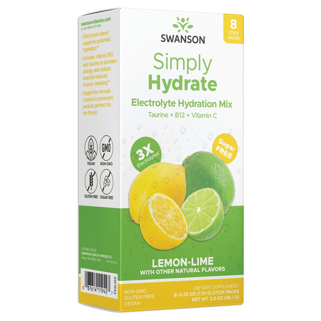 SW1942 | Swanson Simply Hydrate Electrolyte Hydration Mix, Lemon-Lime flavor, 8 stick packs, sugar free - Thumbnail