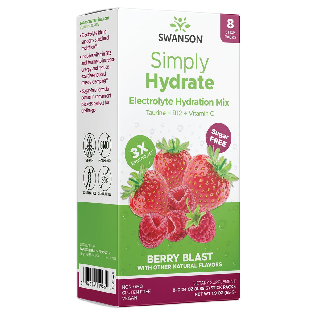 SW1943 | Swanson Simply Hydrate Electrolyte Hydration Mix Berry Blast, 8 stick packs, sugar free, 3X electrolytes - Thumbnail