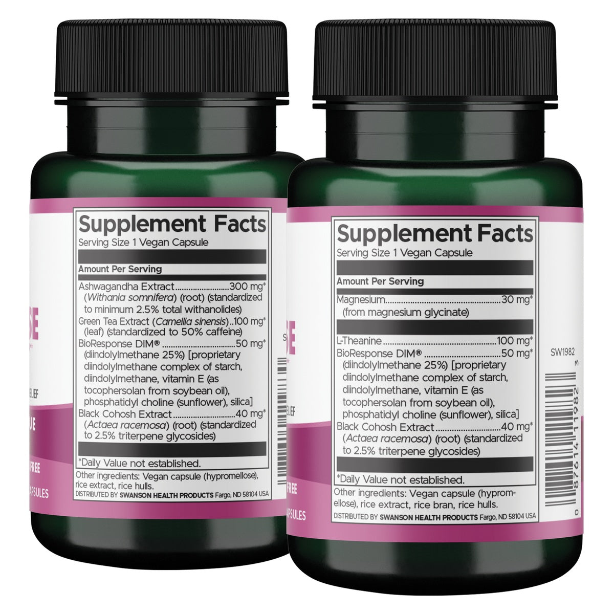 SW1991 | Supplement Facts: serving size 1 vegan capsule; Ashwagandha 300 mg, Green Tea 100 mg, DIM 50 mg