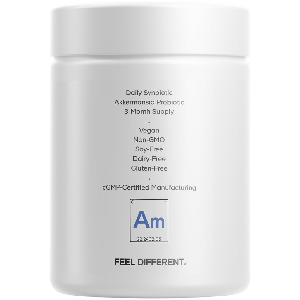 CDG005 | Back label of white supplement jar listing Daily Synbiotic Akkermansia probiotic 3-month supply; vegan non-GMO soy-free dairy-free gluten-free - Thumbnail