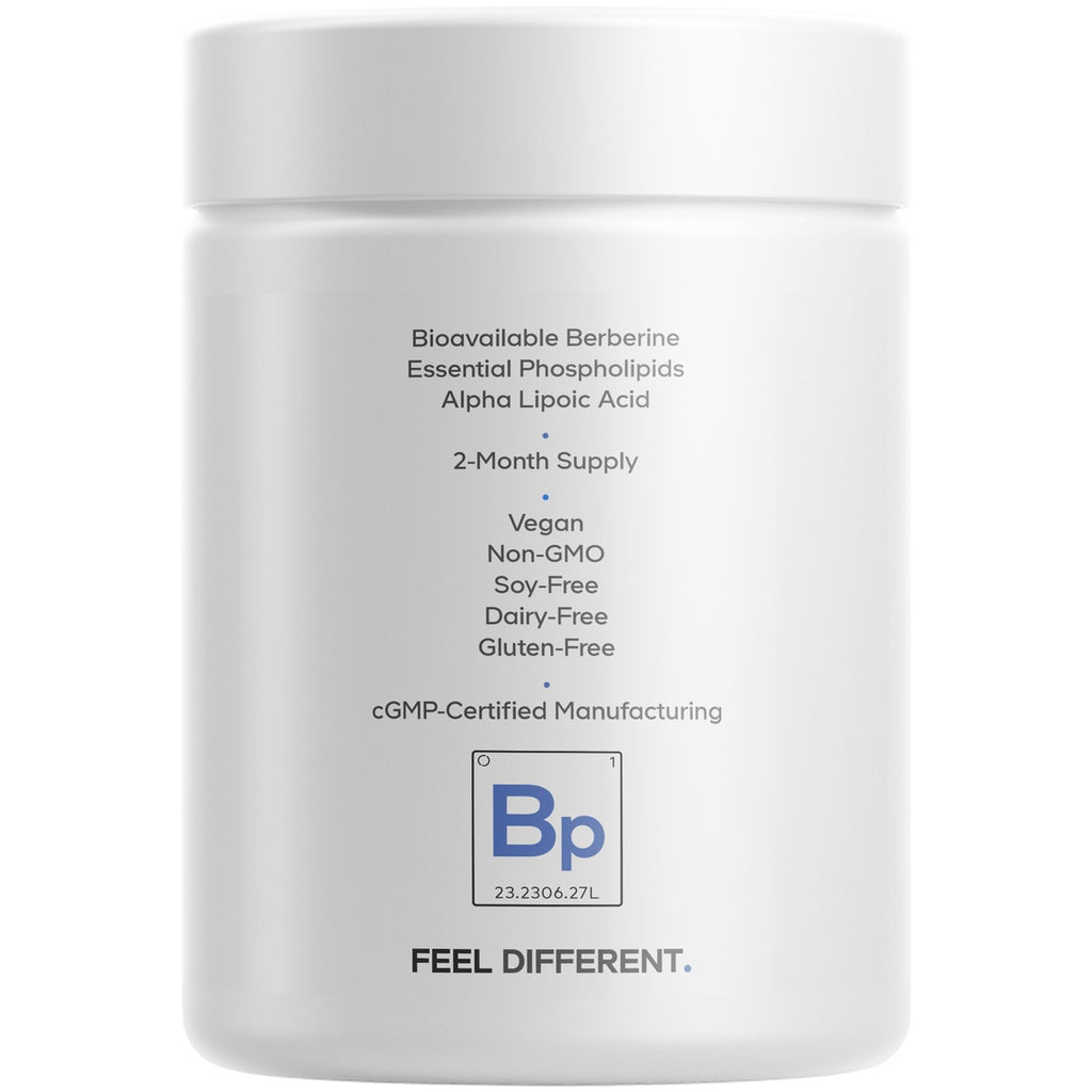 CDG013 | Back of white supplement jar listing Bioavailable Berberine, Essential Phospholipids, Alpha Lipoic Acid, 2-month supply, vegan, non-GMO, soy-free, dairy-free, gluten-free - Thumbnail