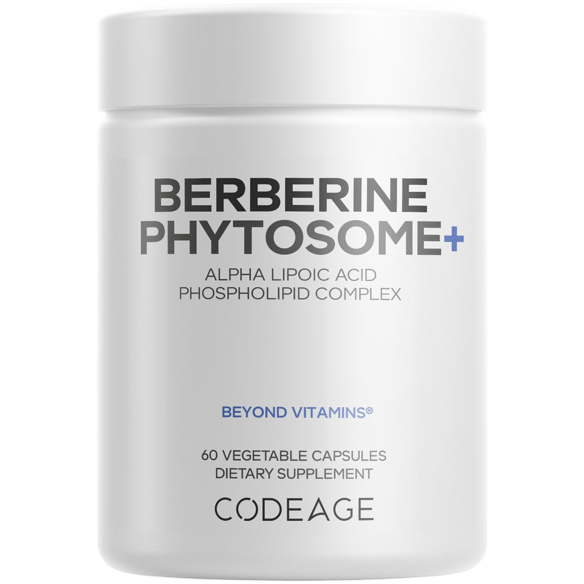 CDG013 | White supplement jar labeled BERBERINE PHYTOSOME+ with BIOAVAILABLE and 60 vegetable capsules, CODEAGE
