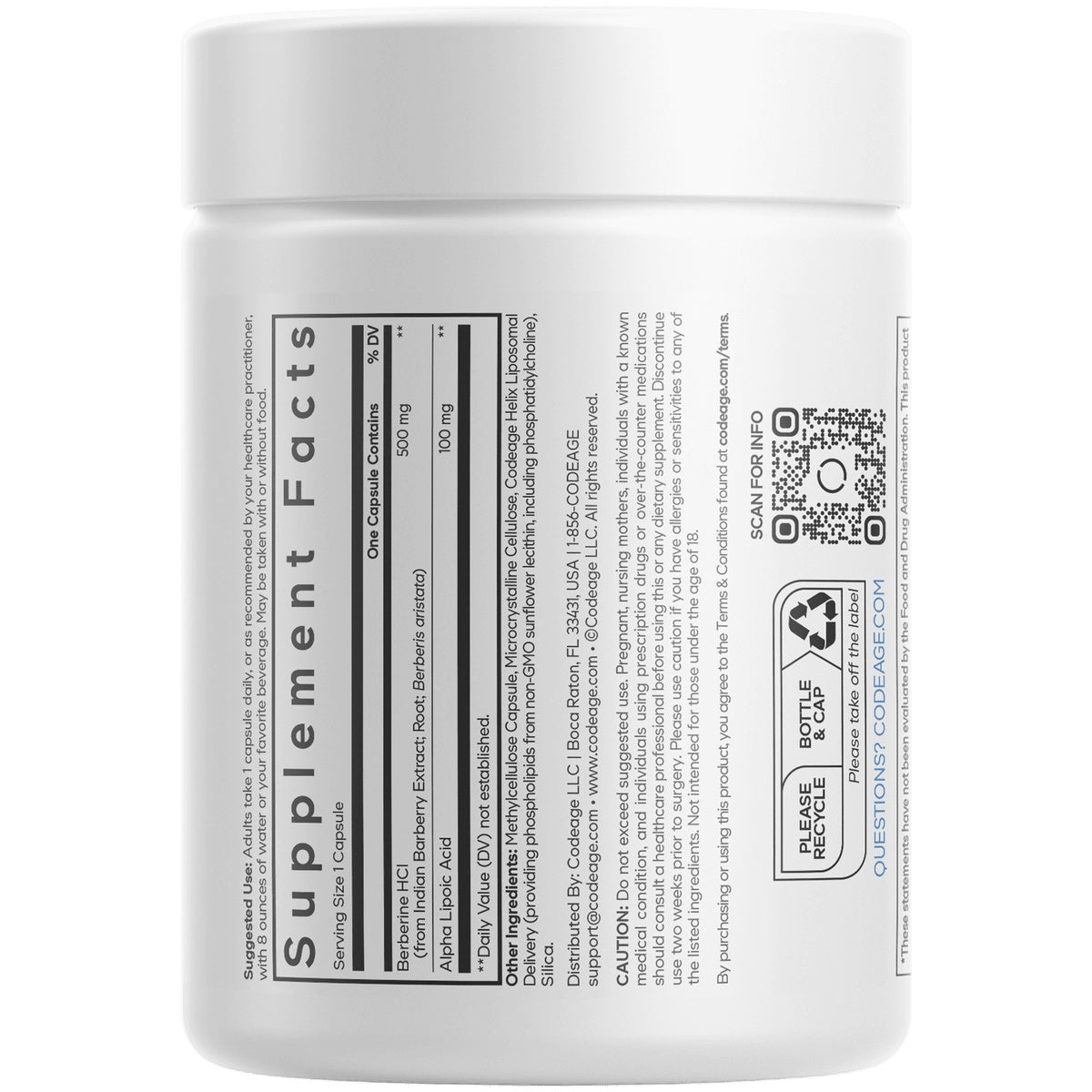CDG013 | Back of white supplement bottle showing Supplement Facts panel, ingredient text, and QR code