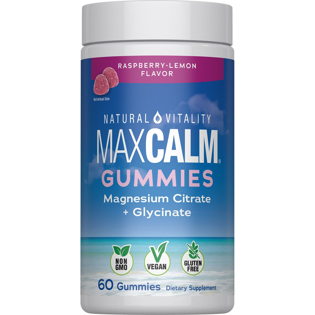 NVT063 | Natural Vitality MaxCalm gummies raspberry-lemon magnesium supplement bottle, 60 gummies
