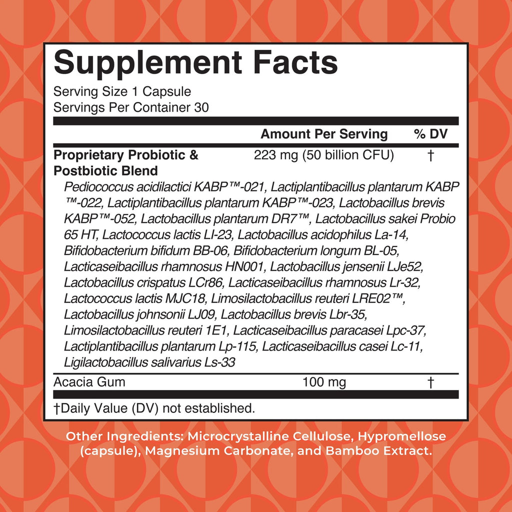 MRR028 | Back of supplement box showing Supplement Facts panel with probiotic strains, Acacia Gum 100 mg, and vegan label - Thumbnail