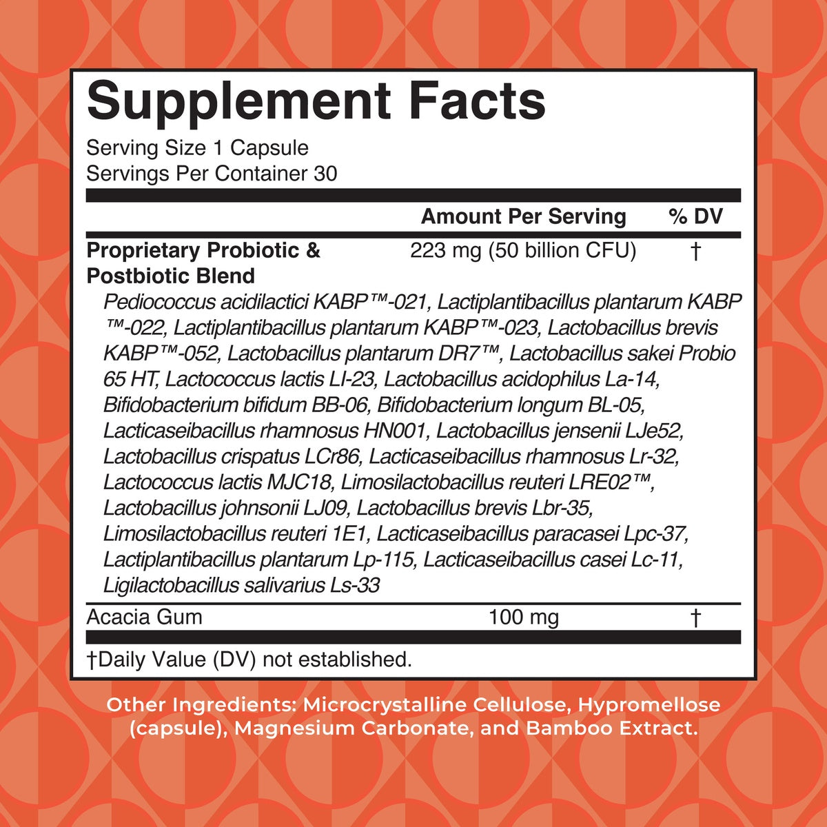 MRR028 | Back of supplement box showing Supplement Facts panel with probiotic strains, Acacia Gum 100 mg, and vegan label