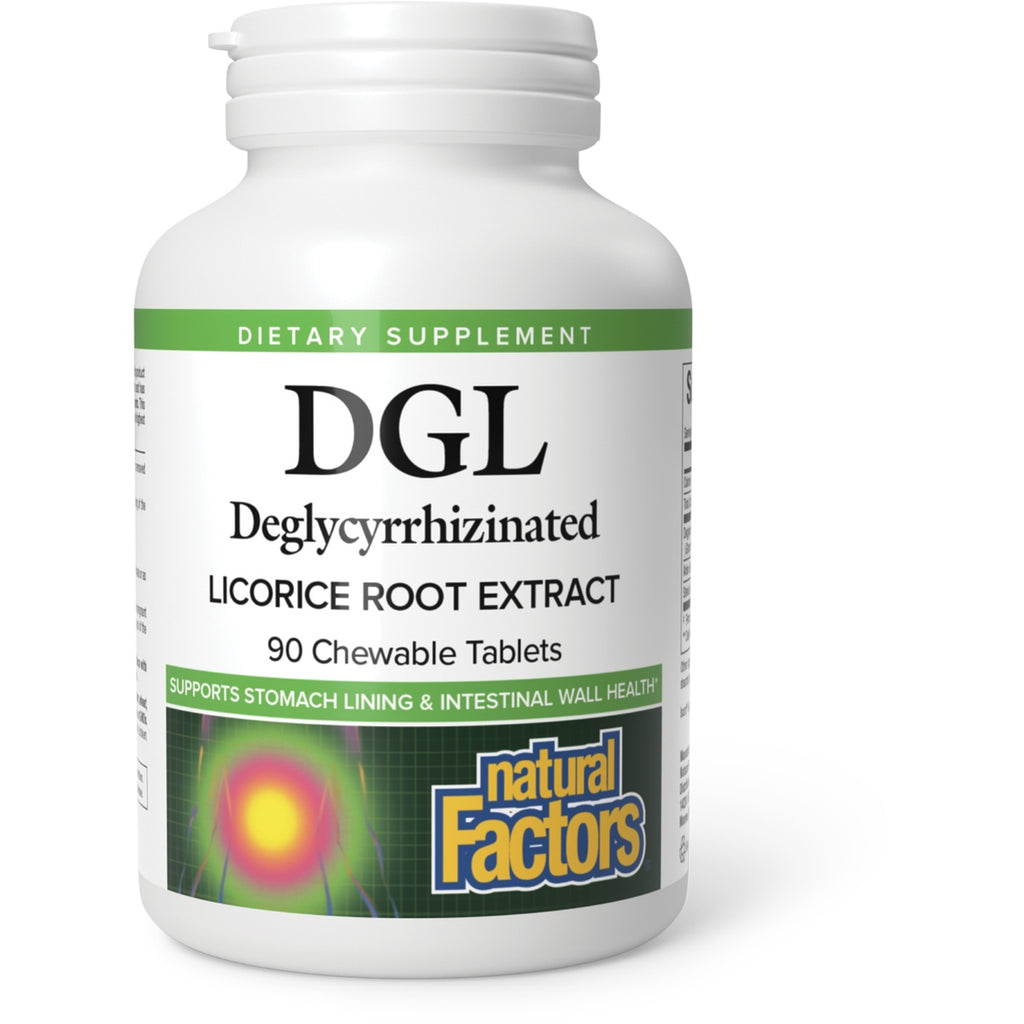 NFC041 | White bottle labeled DGL Deglycyrrhizinated Licorice Root Extract 90 Chewable Tablets by Natural Factors - Thumbnail