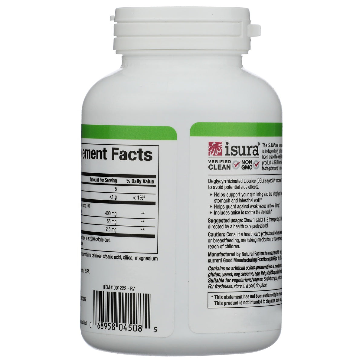 NFC041 | Supplement bottle showing back label with Supplement Facts, usage directions, warnings, and ISURA verification icons