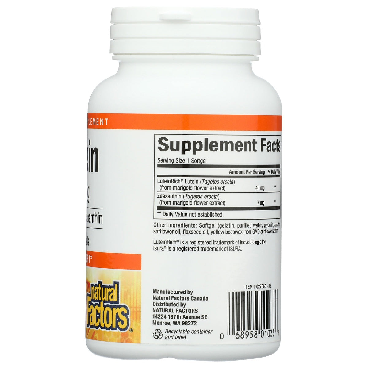 NFC178 | Natural Factors supplement bottle showing Supplement Facts for LuteinRich Lutein and Zeaxanthin softgels