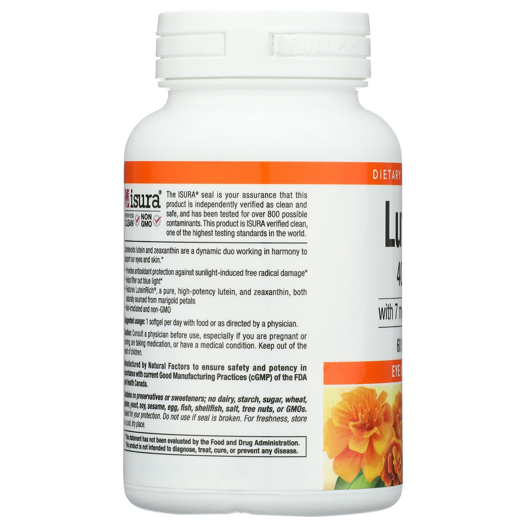 NFC178 | Back label of a lutein and zeaxanthin dietary supplement bottle with usage instructions and warnings - Thumbnail