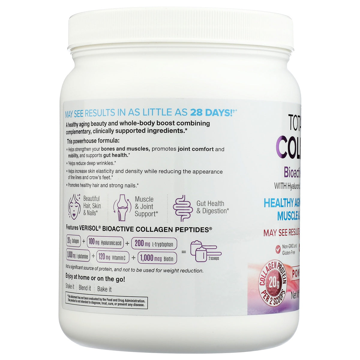 NFC205 | Collagen supplement tub with ingredient and benefit infographic