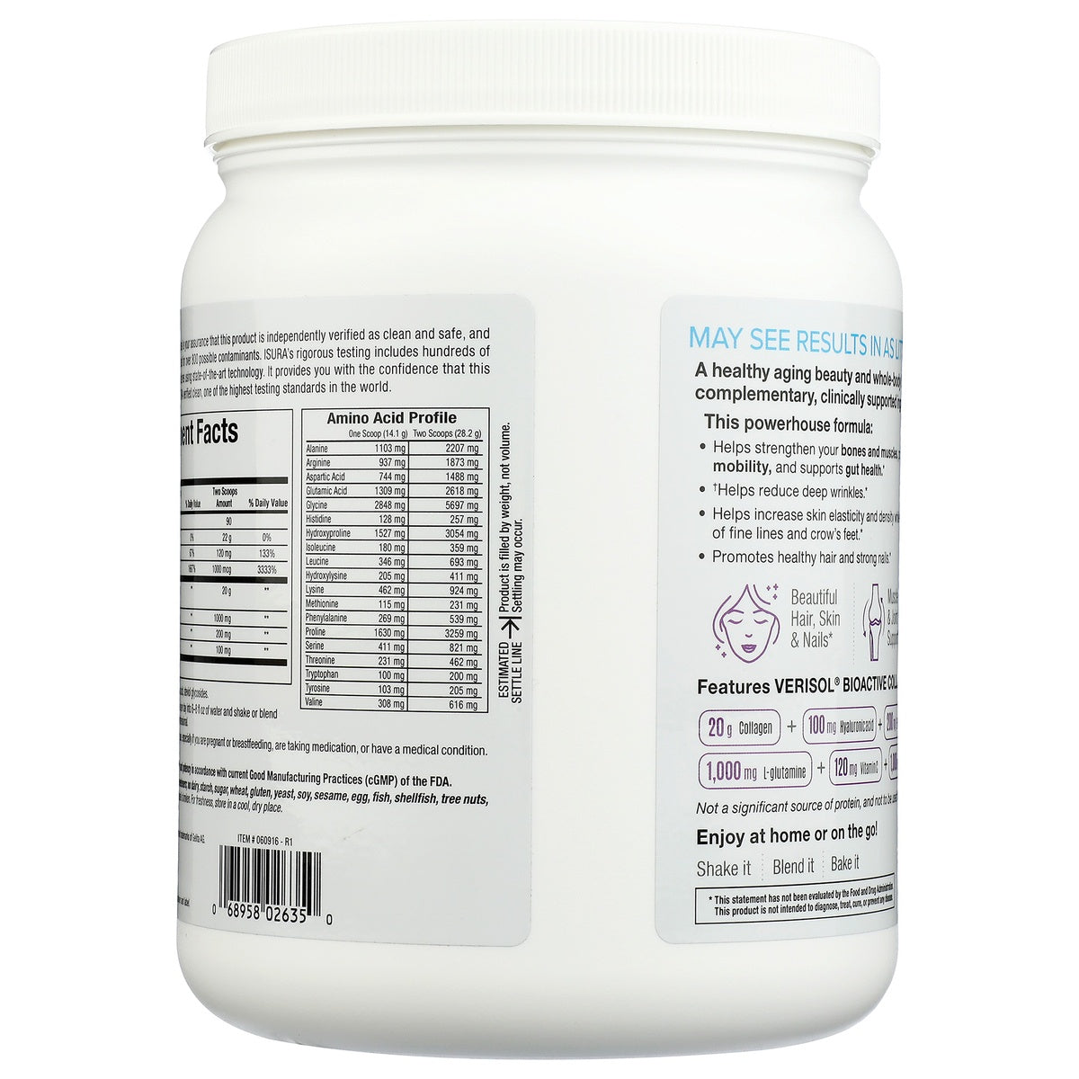 NFC205 | Supplement jar showing product side label with nutrition facts, amino acid profile, and benefits