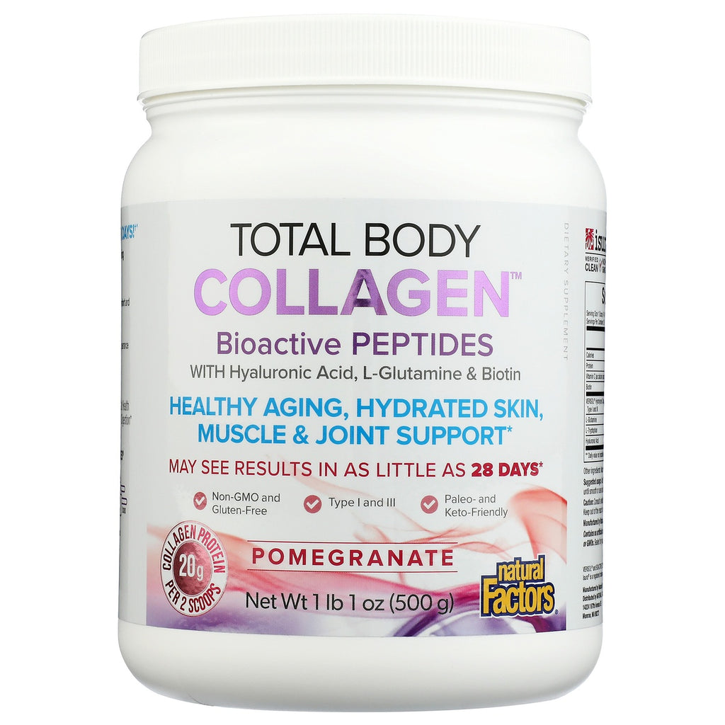 NFC205 | Total Body Collagen pomegranate powder supplement jar front label showing Bioactive Peptides and 20g collagen per 2 scoops - Thumbnail