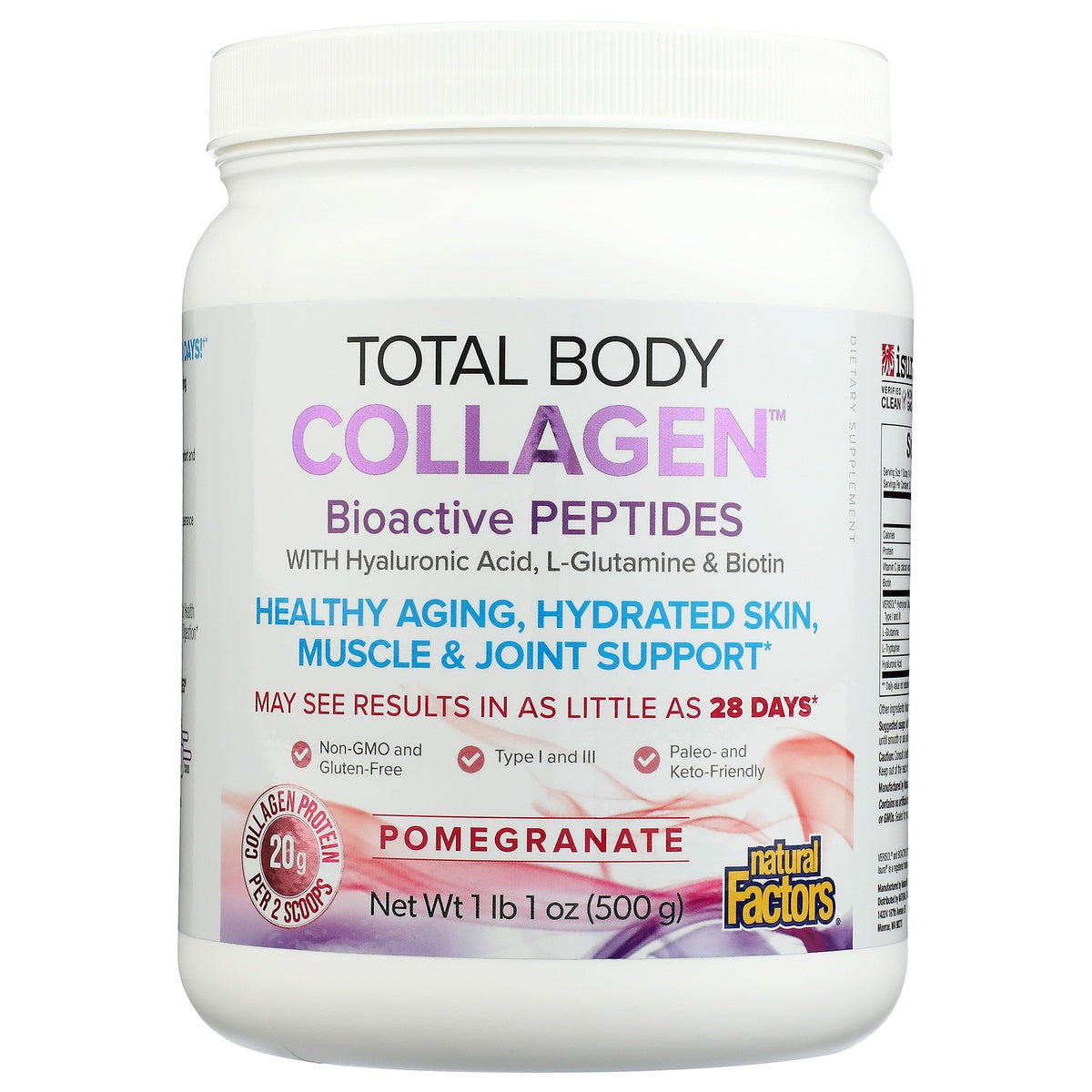 NFC205 | Total Body Collagen pomegranate powder supplement jar front label showing Bioactive Peptides and 20g collagen per 2 scoops