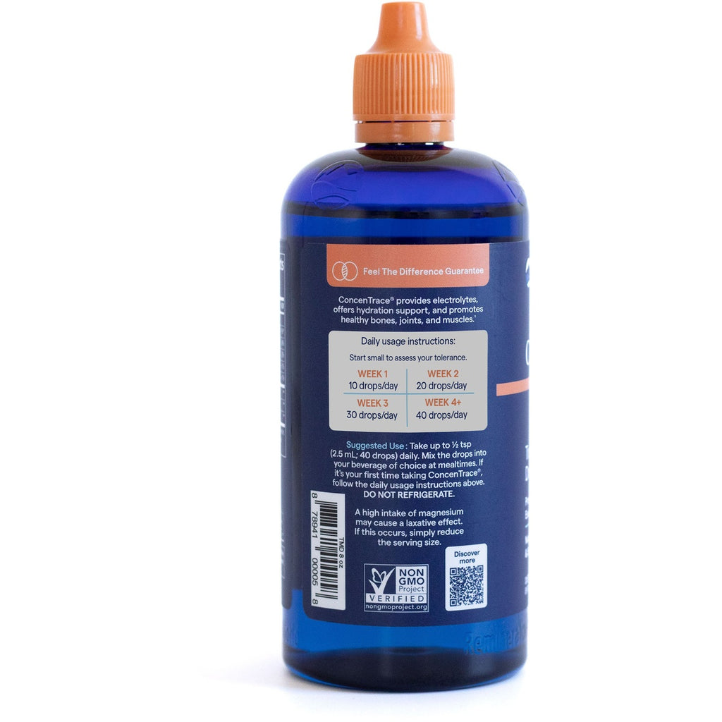 TM012 | Back label of blue mineral drops bottle with daily usage instructions and Non-GMO Project Verified seal - Thumbnail