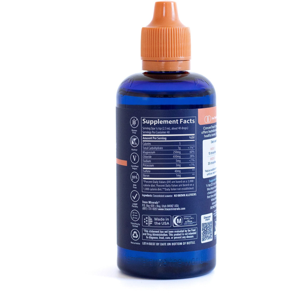 TM034 | Back of blue liquid supplement bottle with orange dropper cap showing Supplement Facts panel and certifications - Thumbnail
