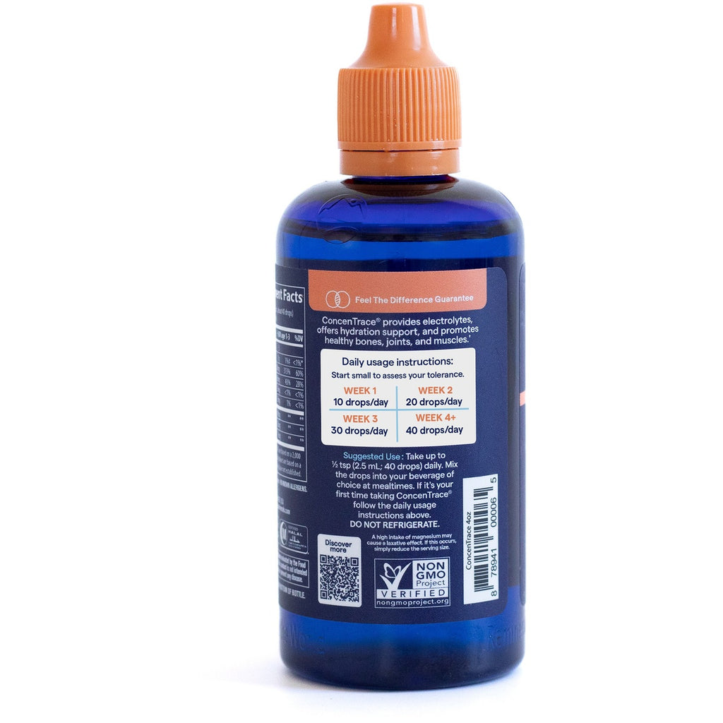 TM034 | ConcenTrace drops bottle back label with supplement facts, usage instructions, QR code, Non-GMO Project Verified - Thumbnail