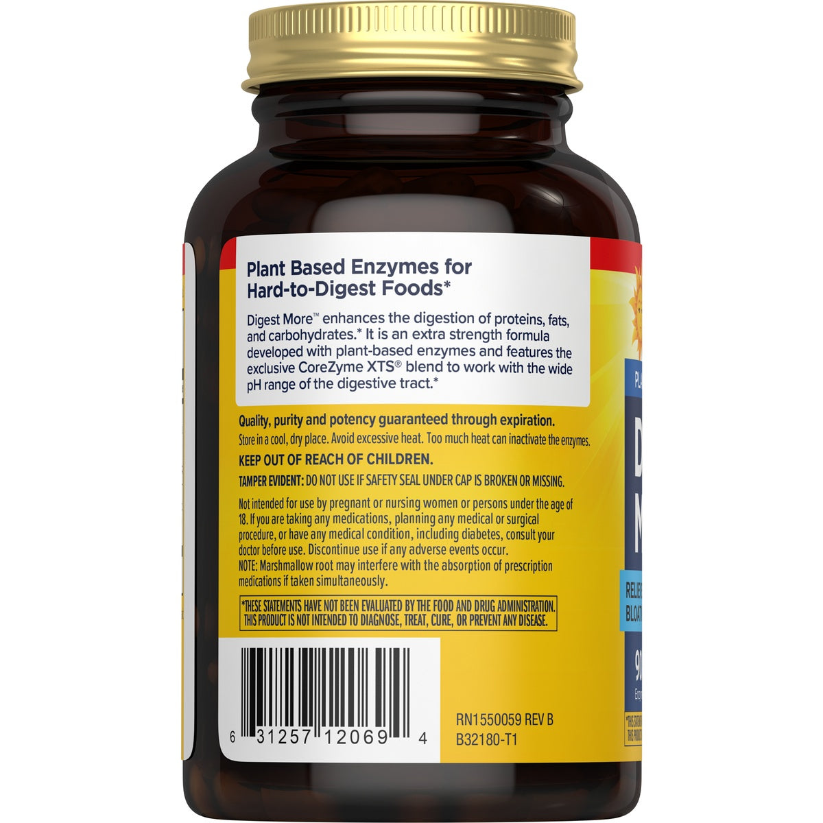RNL227 | Back label of Digest More plant-based enzyme supplement with warnings, directions, and barcode