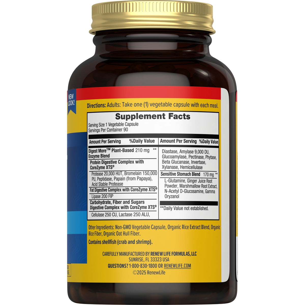 RNL227 | Supplement Facts panel for Renew Life digestive enzyme capsules with directions and ingredients