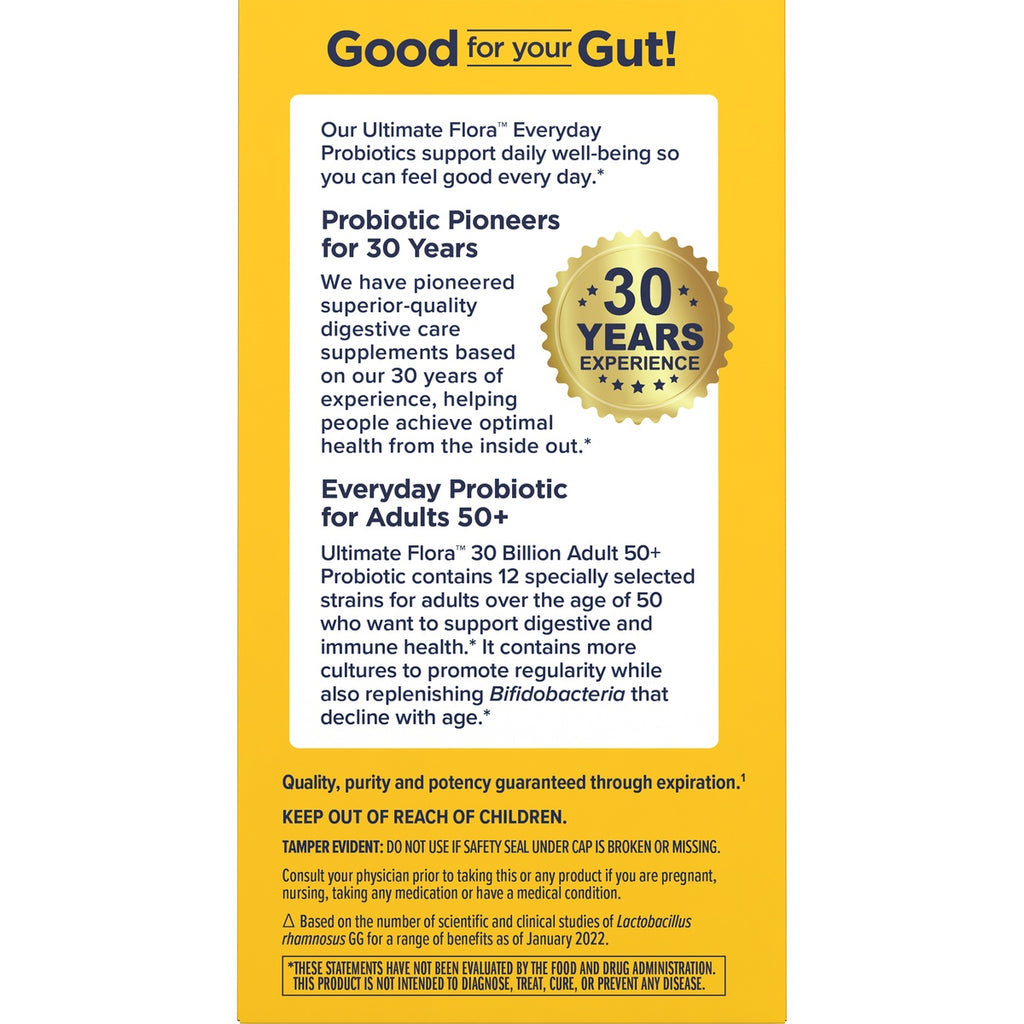 RNL233 | Brand infographic about Ultimate Flora 30 Billion Adult 50+ Probiotic with 30 years experience and benefits - Thumbnail